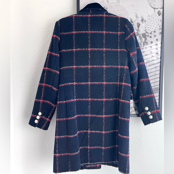 BCBGeneration Navy Plaid Velvet Trim Warm Winter Coat size Small - Picture 5 of 12